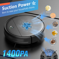 Robotic vacuum cleaner with suction power features on a dark background